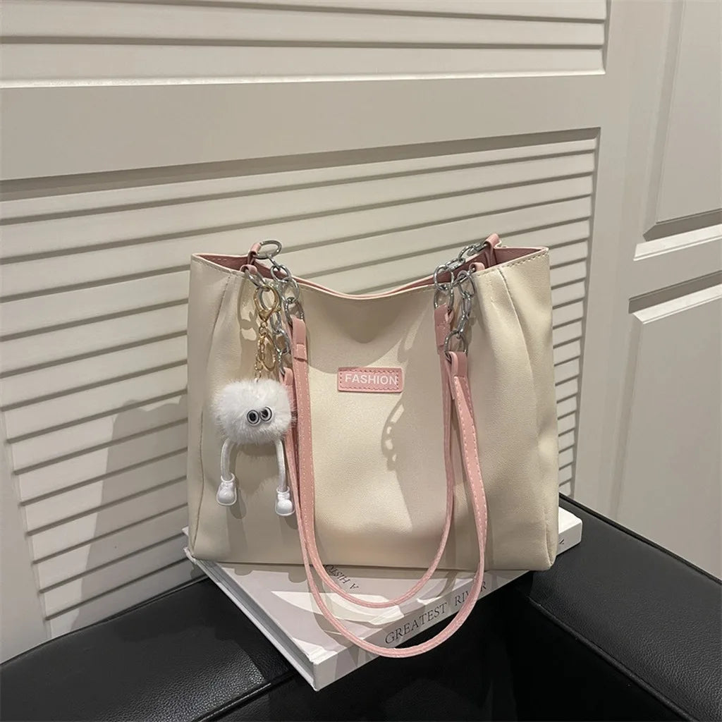 Large Capacity PU Shoulder Bag with Optional Plush Charm