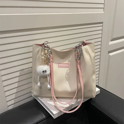 Large Capacity PU Shoulder Bag with Optional Plush Charm