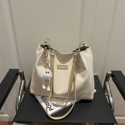 Large Capacity PU Shoulder Bag with Optional Plush Charm