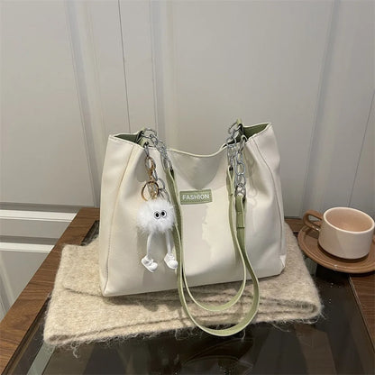 Large Capacity PU Shoulder Bag with Optional Plush Charm