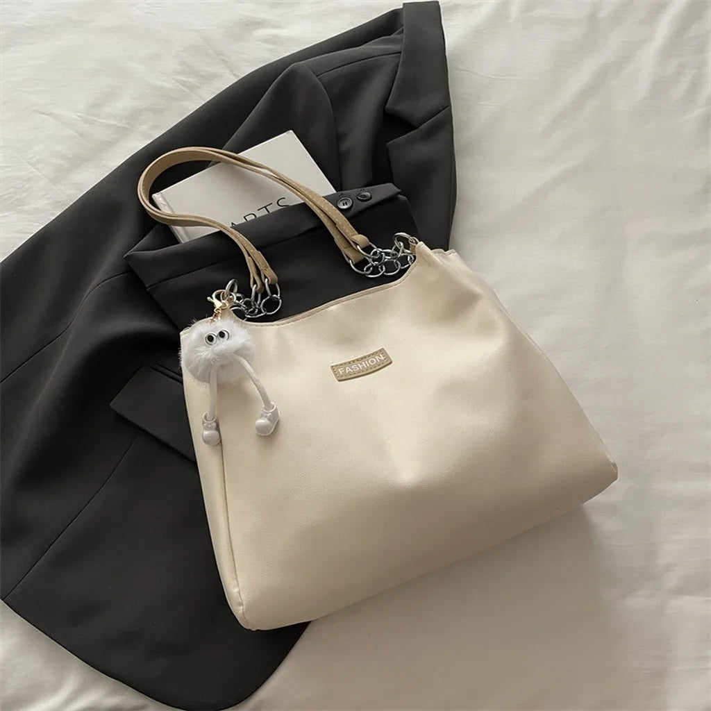 Large Capacity PU Shoulder Bag with Optional Plush Charm
